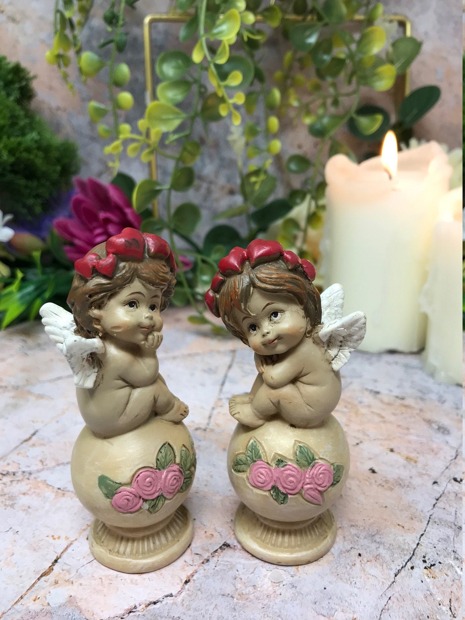 Cherub Twins Resin Figurines, Angelic Guardian Statues, Home Blessing Angel Ornaments, Floral Crown Cherubs, Spiritual Decor Gifts-Osiris Craftworks