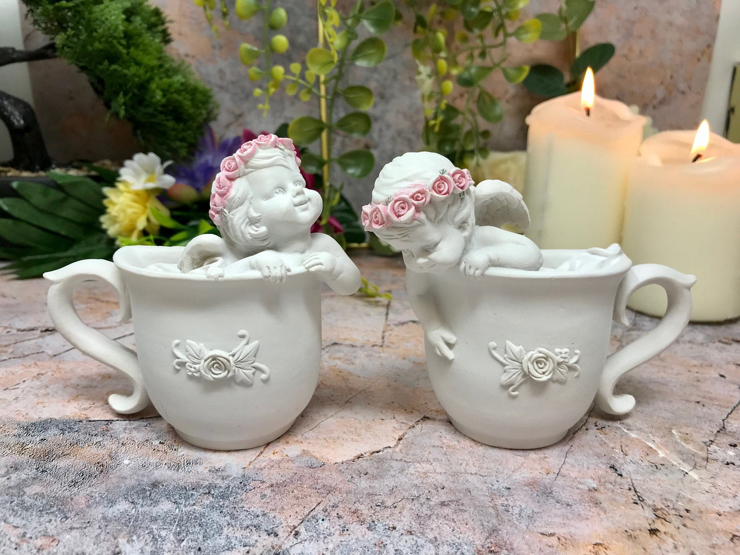 Set of 2 Adorable Cherub Cup Wall Plaques, Free-Standing Figurines, Angelic Resin Decor, Whimsical Angels Home Accents with Roses-Osiris Craftworks