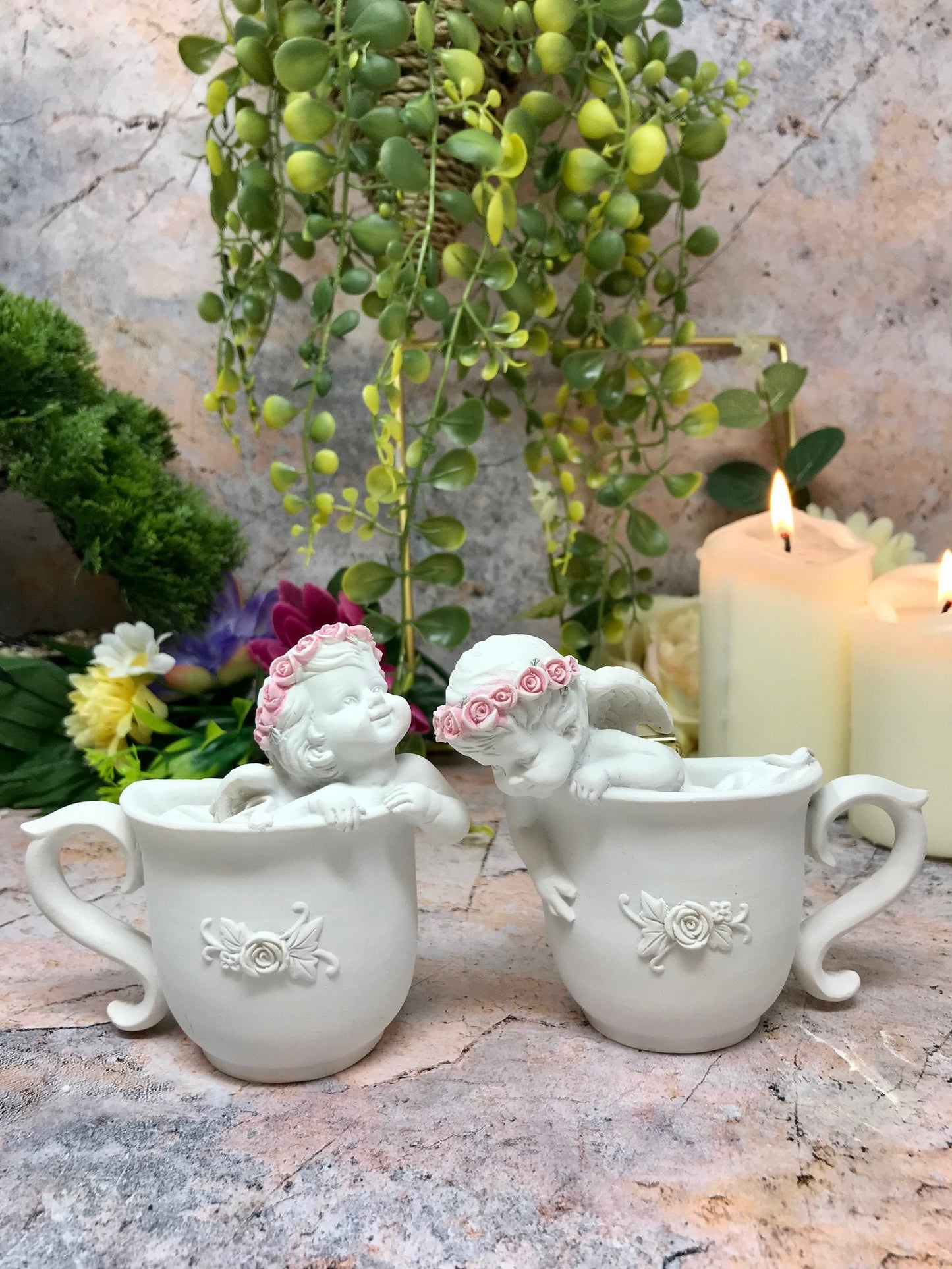 Set of 2 Adorable Cherub Cup Wall Plaques, Free-Standing Figurines, Angelic Resin Decor, Whimsical Angels Home Accents with Roses-Osiris Craftworks