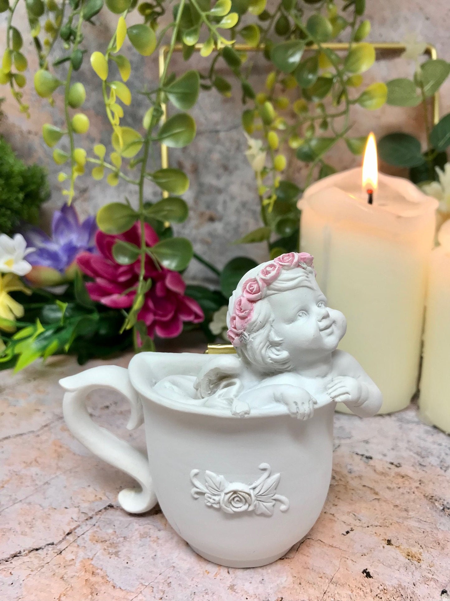 Set of 2 Adorable Cherub Cup Wall Plaques, Free-Standing Figurines, Angelic Resin Decor, Whimsical Angels Home Accents with Roses-Osiris Craftworks