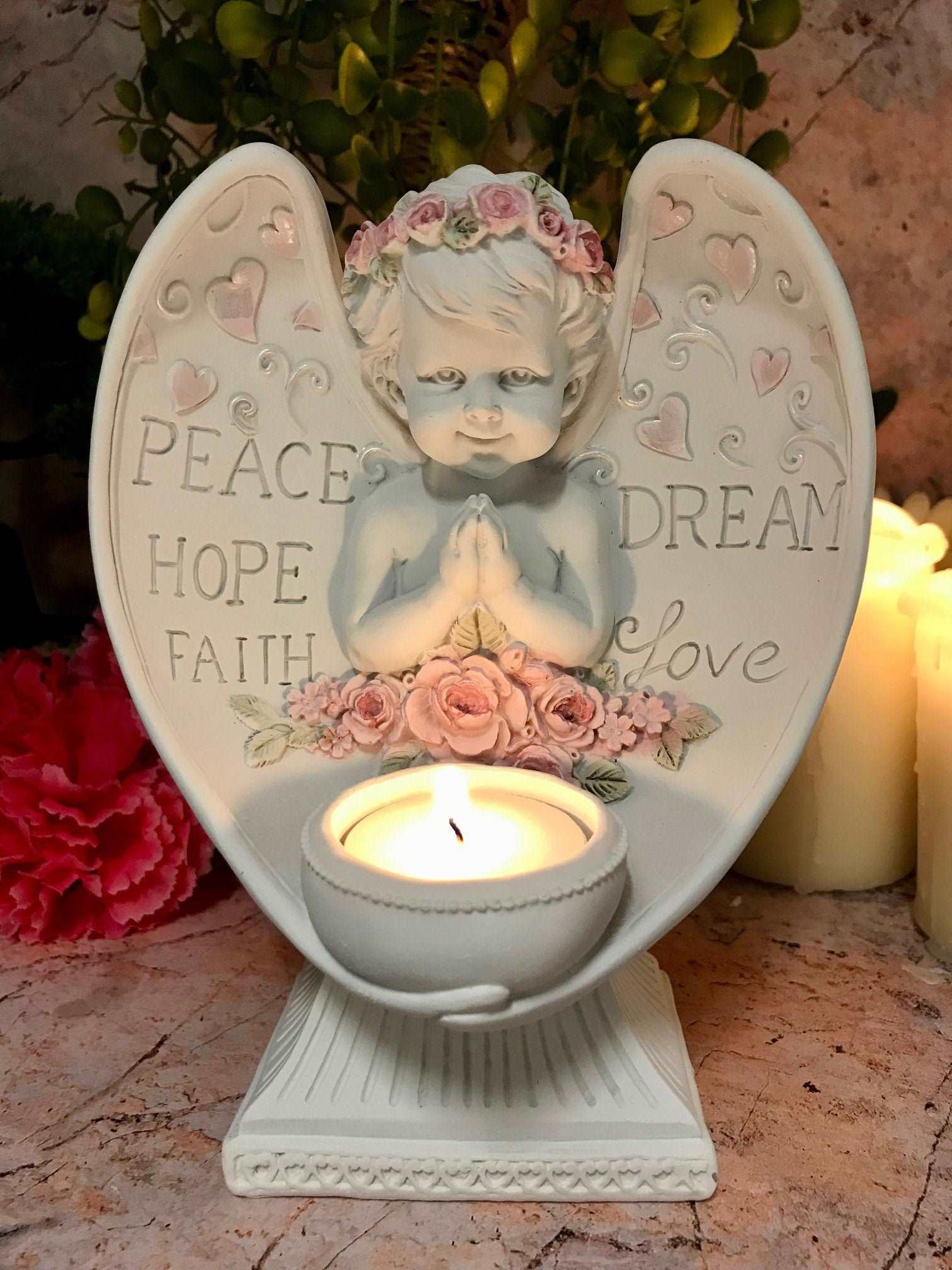 Beautiful Angel Cherub Praying Candle Holder Ornament Peace Hope Faith Love-Osiris Craftworks