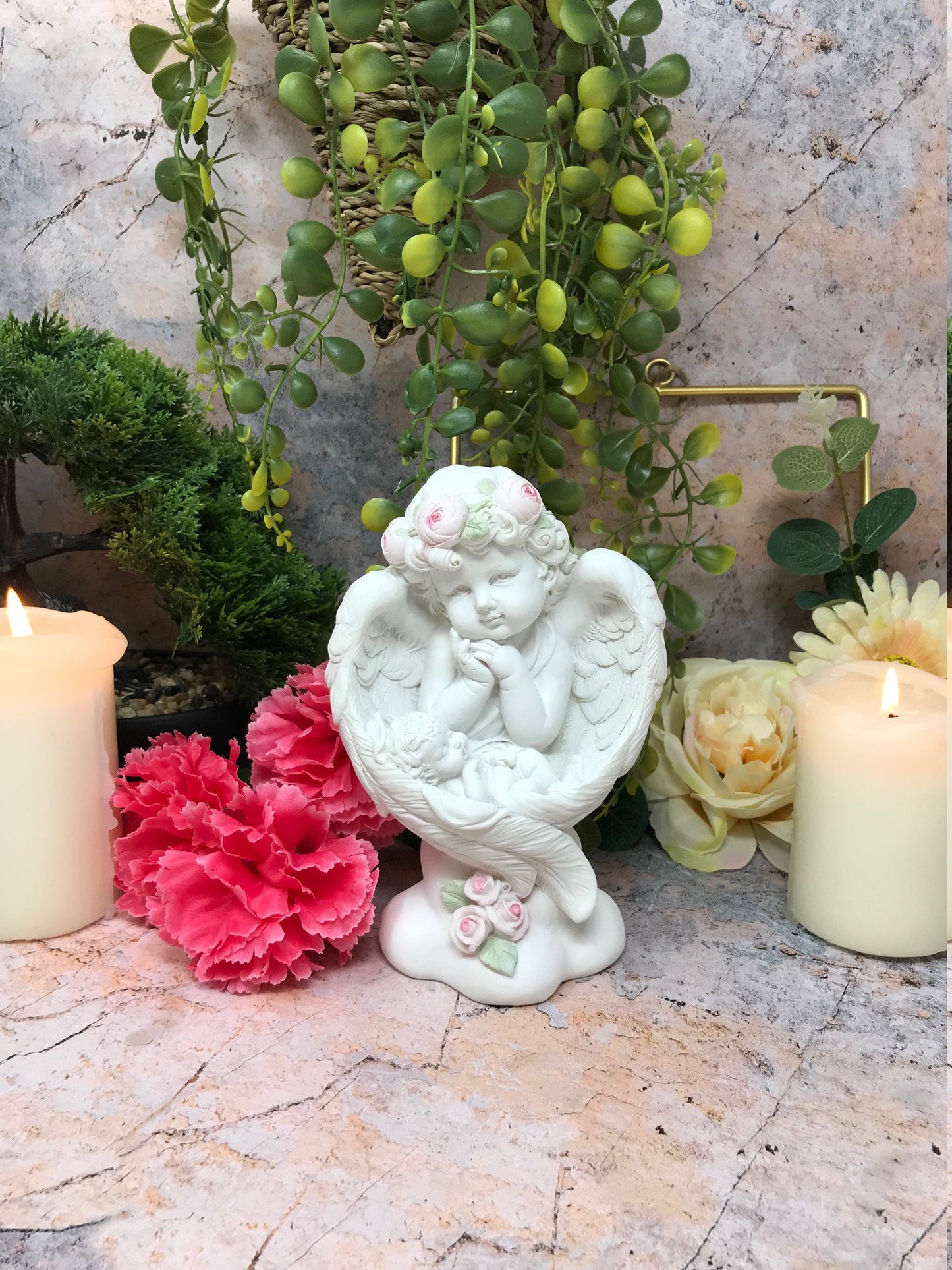 Cherubic Angel Figurine with Roses, Serene Cherub Statue, Angelic Home Decor, Graceful Child Ornament, Inspirational Peaceful Tabletop Art-Osiris Craftworks