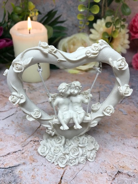 Pretty Pair of Angel Cherubs Sitting On Swing inside Rose Covered Heart Ornament-Osiris Craftworks