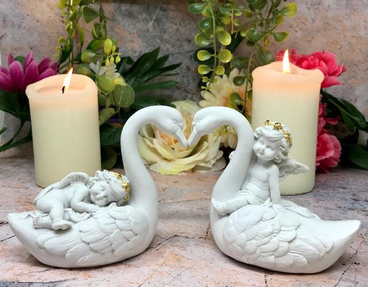 Pair of Guardian Angel Figurine Cherubs on Swan Statue Ornament Sculpture-Osiris Craftworks