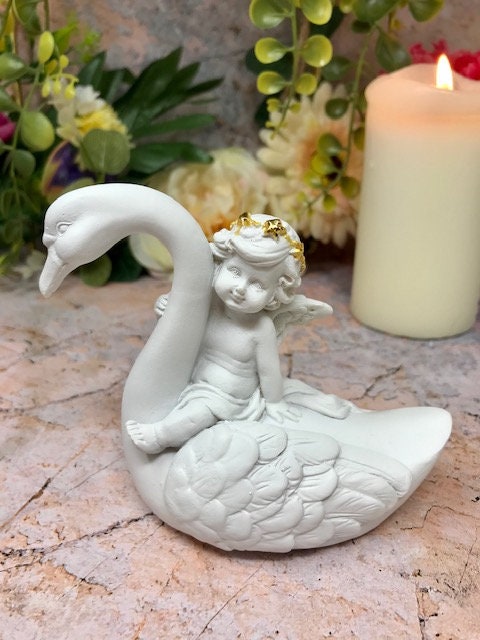 Pair of Guardian Angel Figurine Cherubs on Swan Statue Ornament Sculpture-Osiris Craftworks