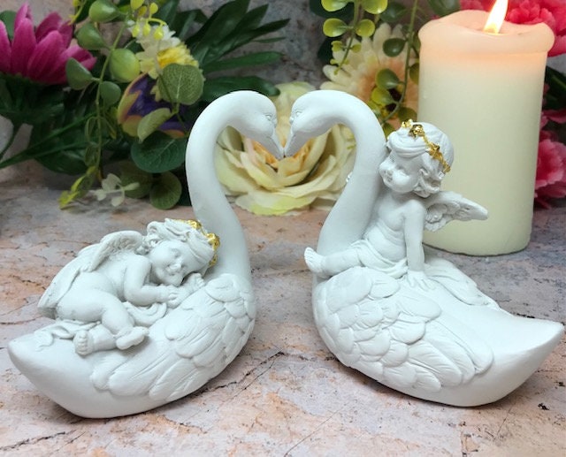 Pair of Guardian Angel Figurine Cherubs on Swan Statue Ornament Sculpture-Osiris Craftworks