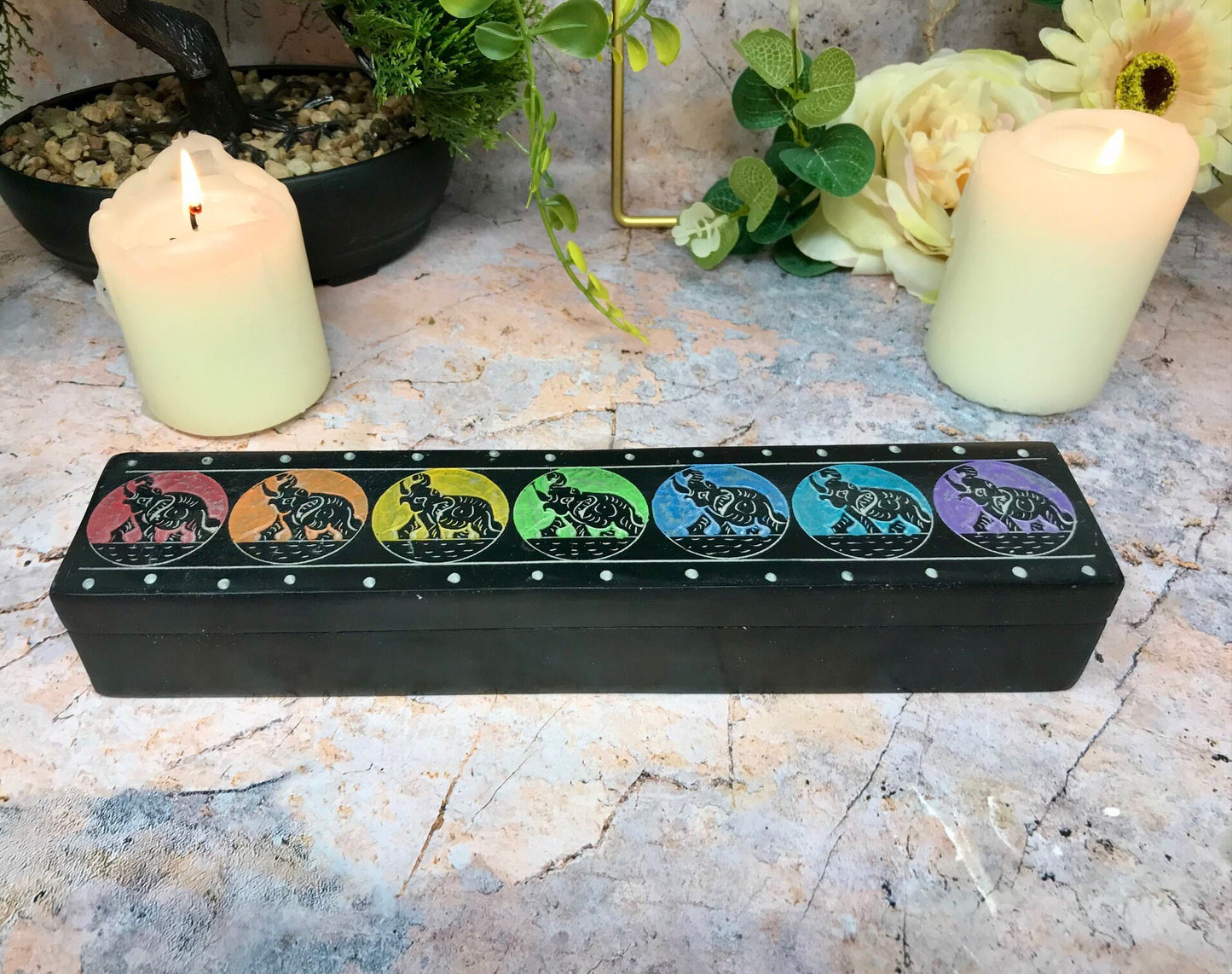 Hand-Carved Soapstone Box with Chakra Designs - Spiritual Storage - Aromatherapy Essential Oil Box - Unique Gift Idea 25cm x 5cm-Osiris Craftworks