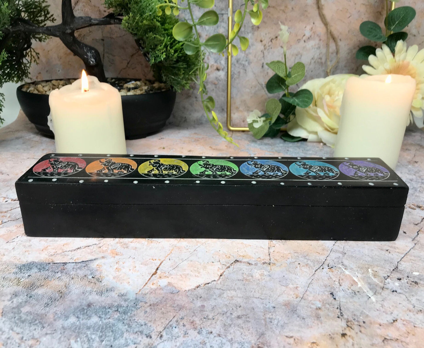 Hand-Carved Soapstone Box with Chakra Designs - Spiritual Storage - Aromatherapy Essential Oil Box - Unique Gift Idea 25cm x 5cm-Osiris Craftworks