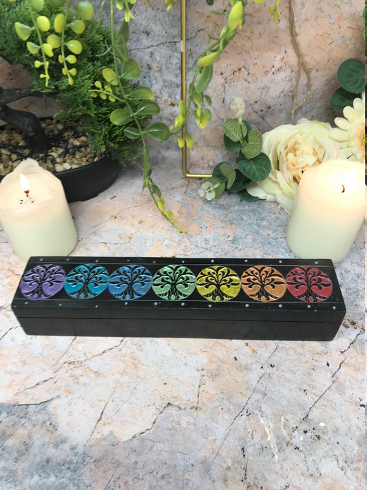 Coffret en pierre à savon sculpté à la main inspiré des chakras - 25 cm Rangement spirituel pour cristaux et objets sacrés