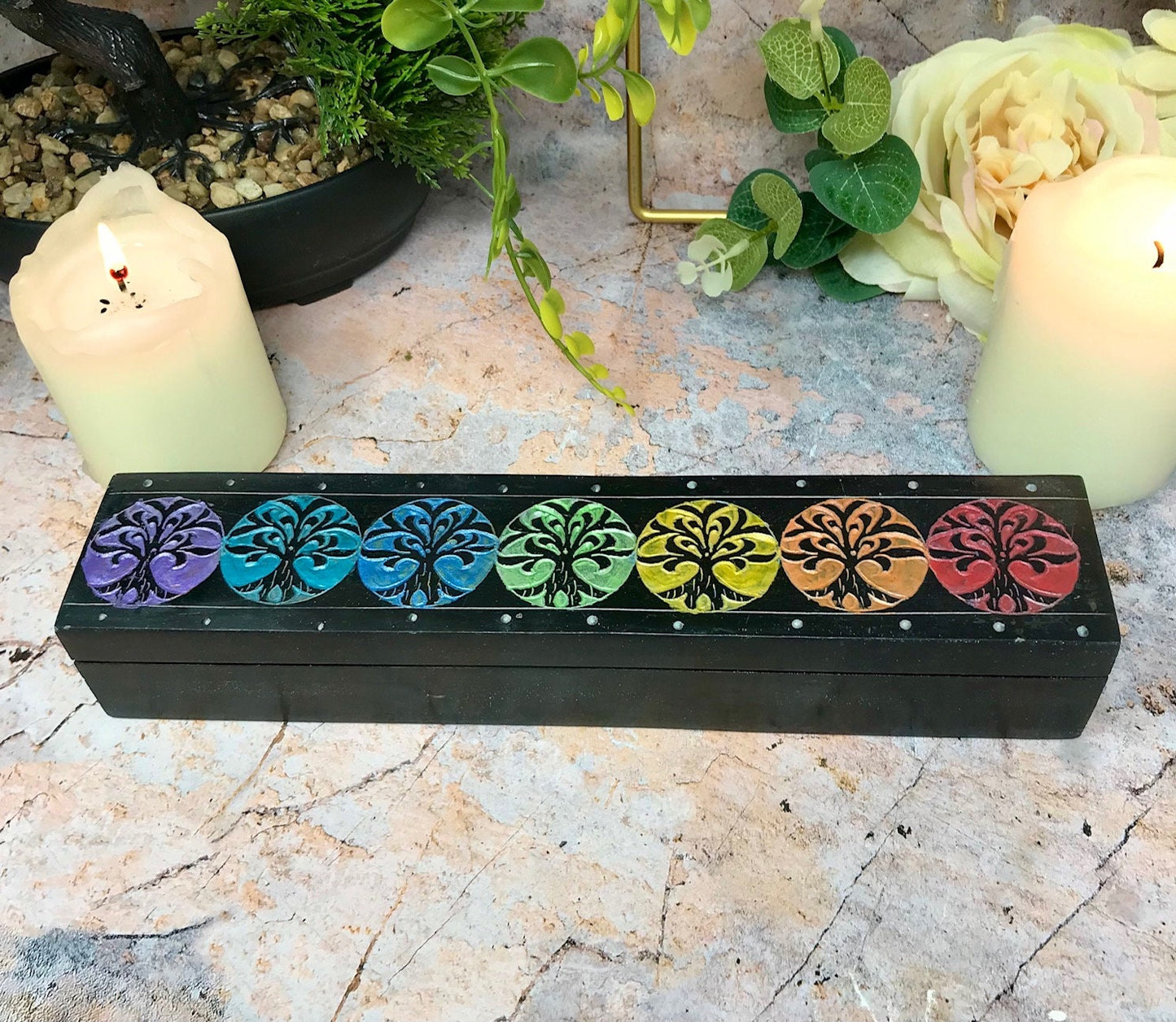 Chakra-Inspired Hand-Carved Soap Stone Box - 25cm Spiritual Storage for Crystals & Sacred Items