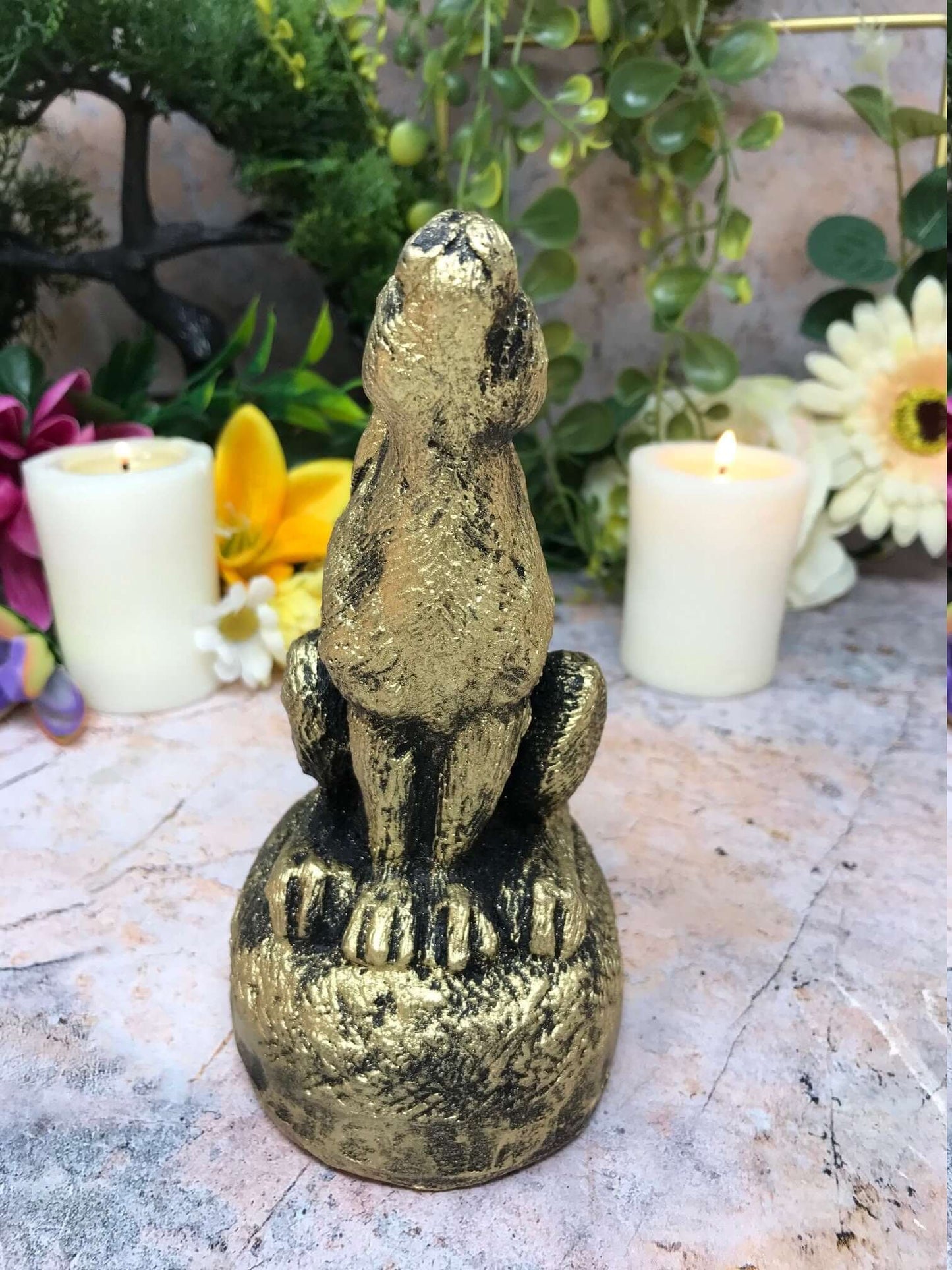 Antique Gold Effect Moon Gazing Hare Pagan Statue Wiccan Sculpture Ornament