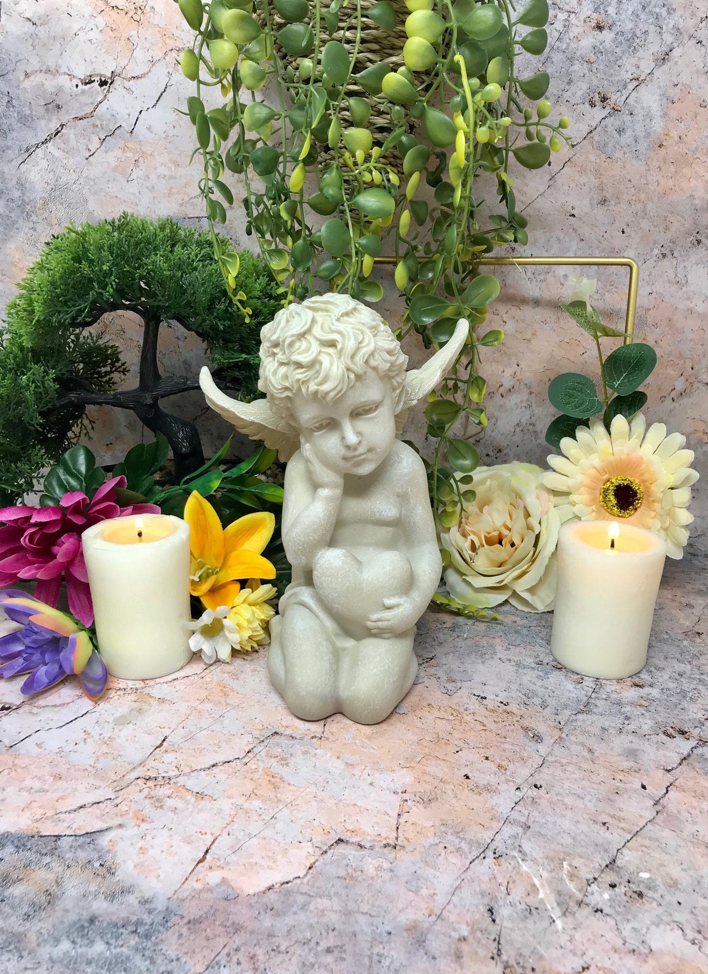 Serene Cherub Holding Heart Statue, Tranquil Memorial Angel Sculpture, Peaceful Garden Ornament, Tender Graveside Decor, Angelic Love Symbol-Osiris Craftworks