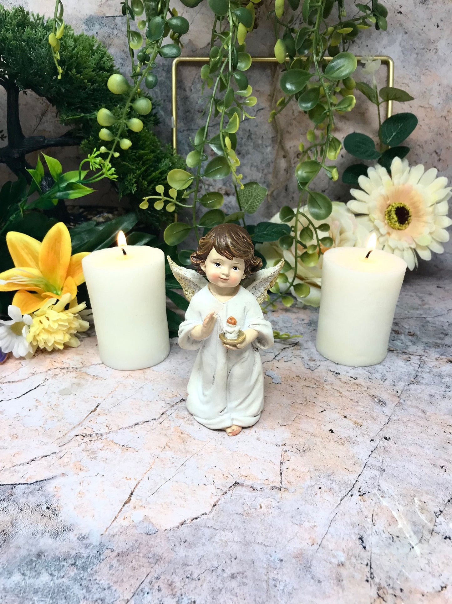 Guardian Angel Figurine Cherub Holding Candle Statue Ornament Sculpture-Osiris Craftworks