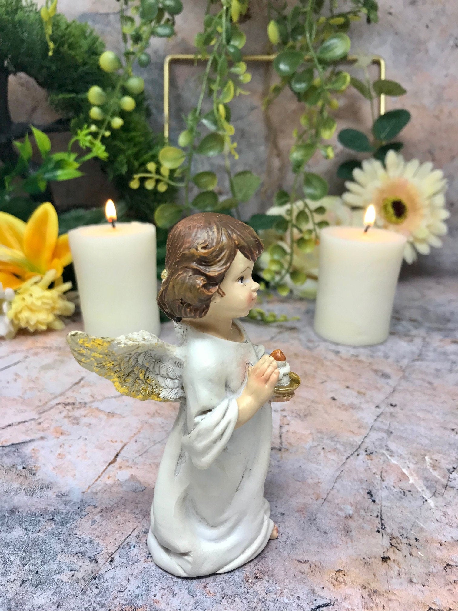 Guardian Angel Figurine Cherub Holding Candle Statue Ornament Sculpture-Osiris Craftworks