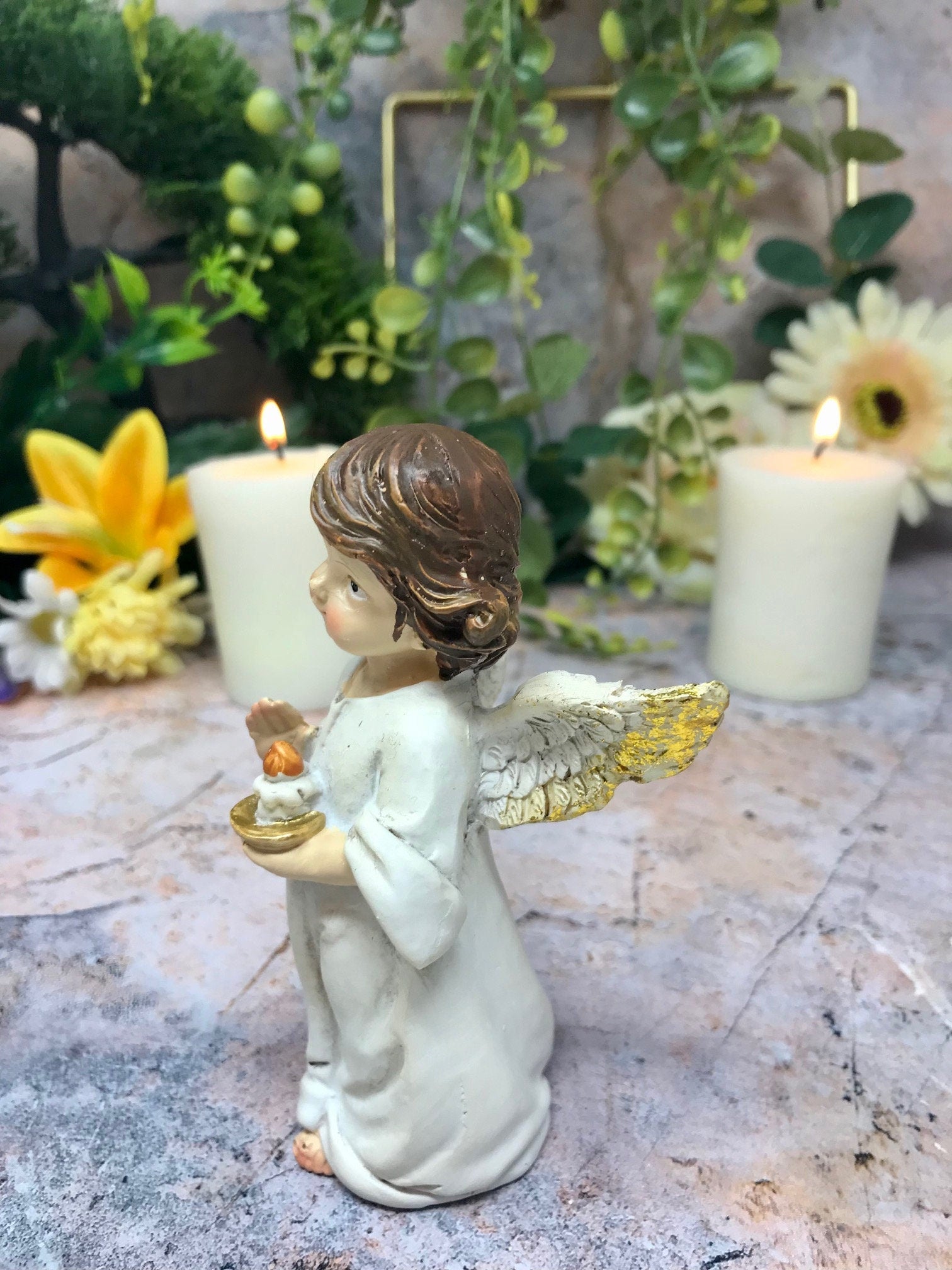 Guardian Angel Figurine Cherub Holding Candle Statue Ornament Sculpture-Osiris Craftworks