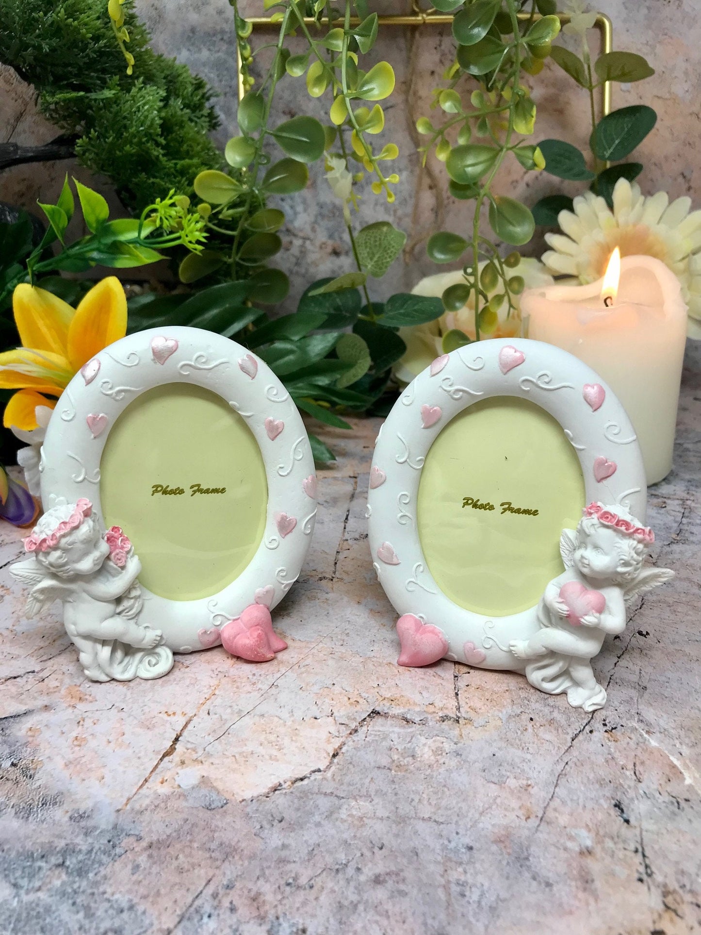 Pair of Guardian Angel Figurine Cherub Photo Frame Statue Ornament Sculpture-Osiris Craftworks