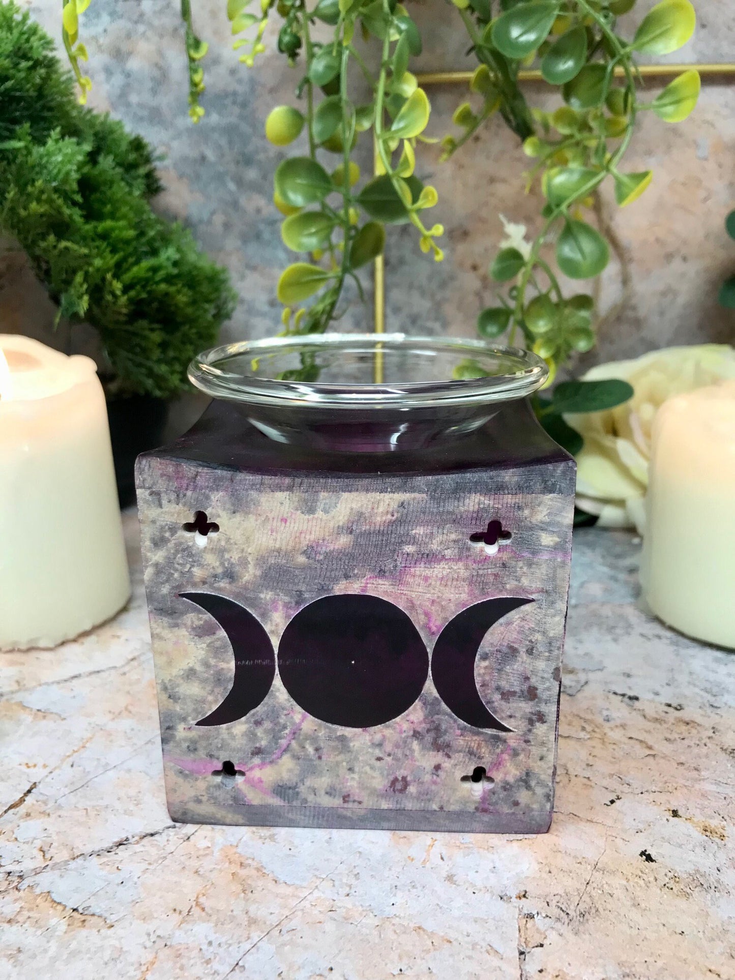 Brûleur à huile en stéatite Triple Moon Goddess Aromathérapie Wicca Pagan Decor