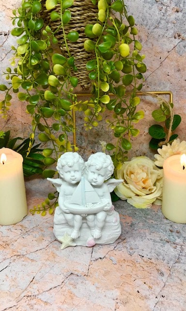 Cherubic Angels with Sailboat Figurine, Nautical Resin Decor, Twin Cherubs Statue, Coastal Nursery Accent, Serene Angelic Whimsical Ornament-Osiris Craftworks