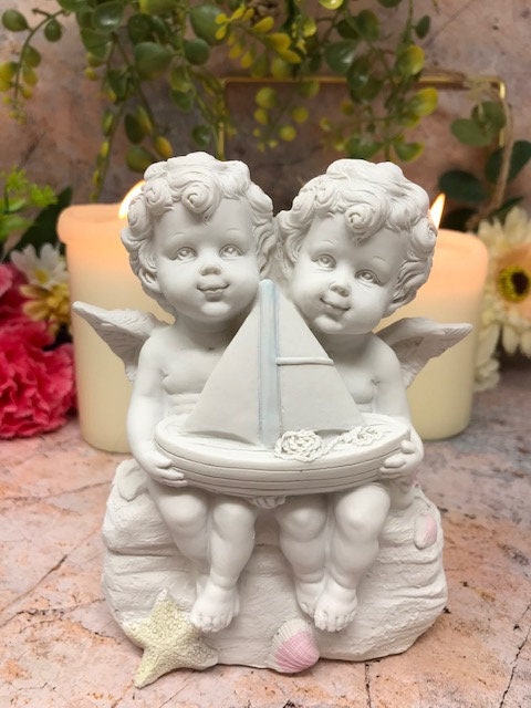 Cherubic Angels with Sailboat Figurine, Nautical Resin Decor, Twin Cherubs Statue, Coastal Nursery Accent, Serene Angelic Whimsical Ornament-Osiris Craftworks