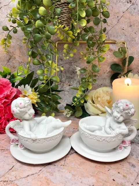 Pair of Guardian Angel Figurine Cherubs in Tea Cups Statue Ornament Sculpture-Osiris Craftworks