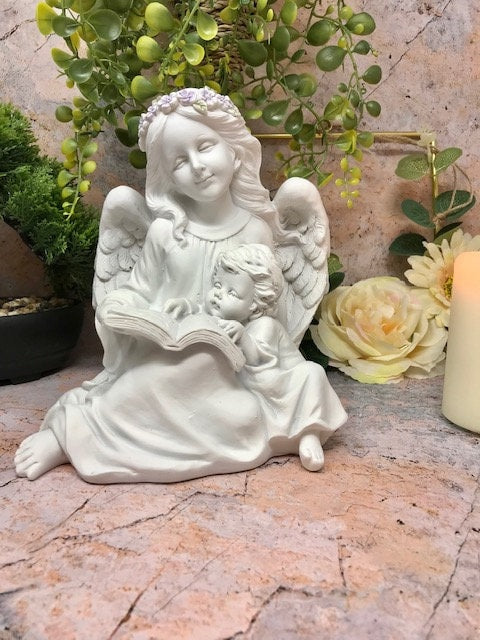 Guardian Angel and Child Reading Serene Statue, Angelic Figurine Ornament, Inspirational Book Lovers Gift, Home Blessing Spiritual Sculpture-Osiris Craftworks