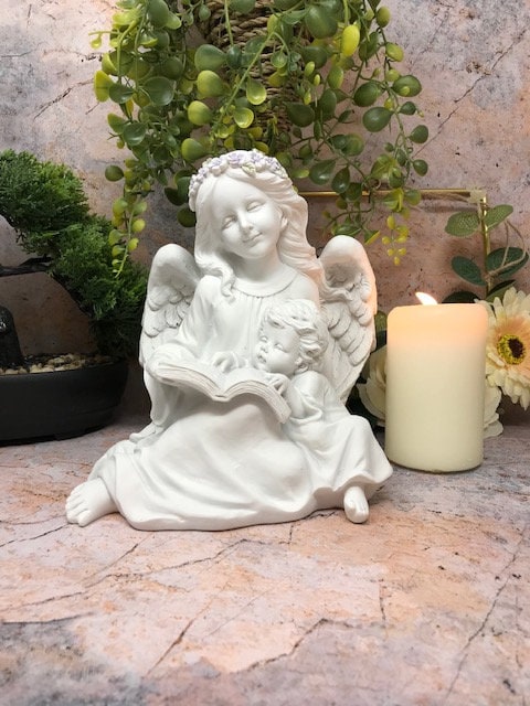 Guardian Angel and Child Reading Serene Statue, Angelic Figurine Ornament, Inspirational Book Lovers Gift, Home Blessing Spiritual Sculpture-Osiris Craftworks