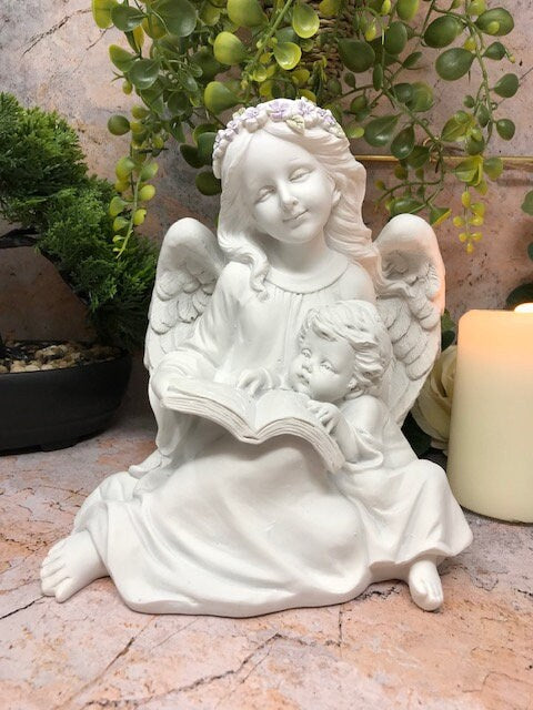 Guardian Angel and Child Reading Serene Statue, Angelic Figurine Ornament, Inspirational Book Lovers Gift, Home Blessing Spiritual Sculpture-Osiris Craftworks