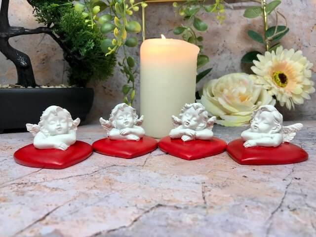 Set of Four Guardian Angel Cherub Sleeping on Hearts Statue Ornament Sculpture-Osiris Craftworks