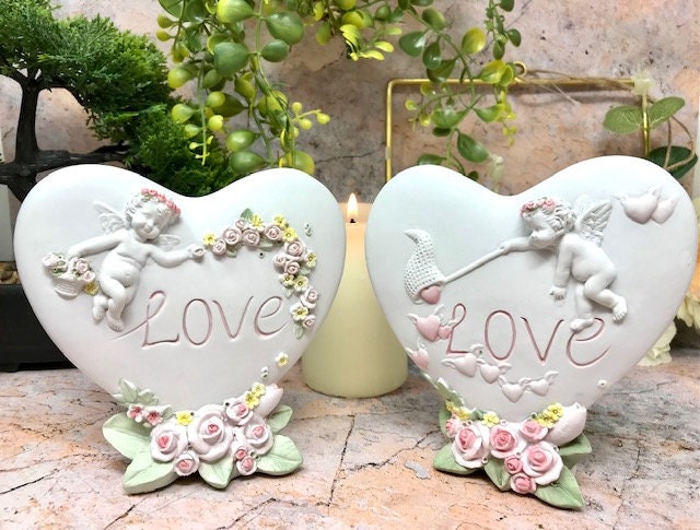 Cherub Love Heart Figurines, Romantic Angel Statues, Pair of Guardian Ornaments, Charming Sculpture Decor, Ideal Wedding or Anniversary Gift-Osiris Craftworks