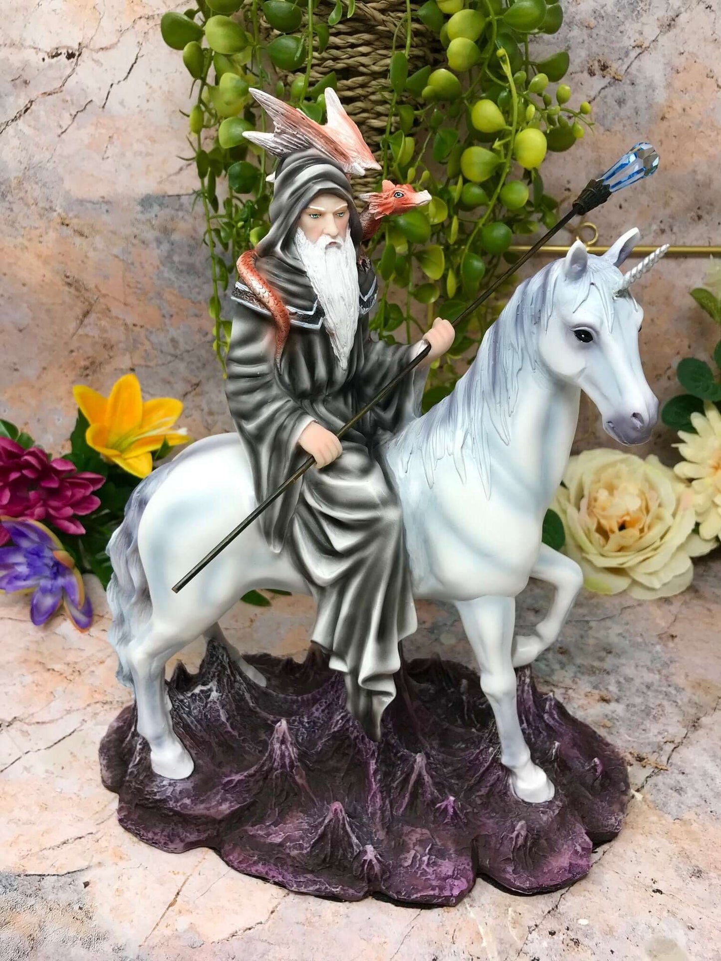 Wizard Riding Unicorn and Dragon Companion Sculpture Statue Mythical Creatures-Osiris Craftworks