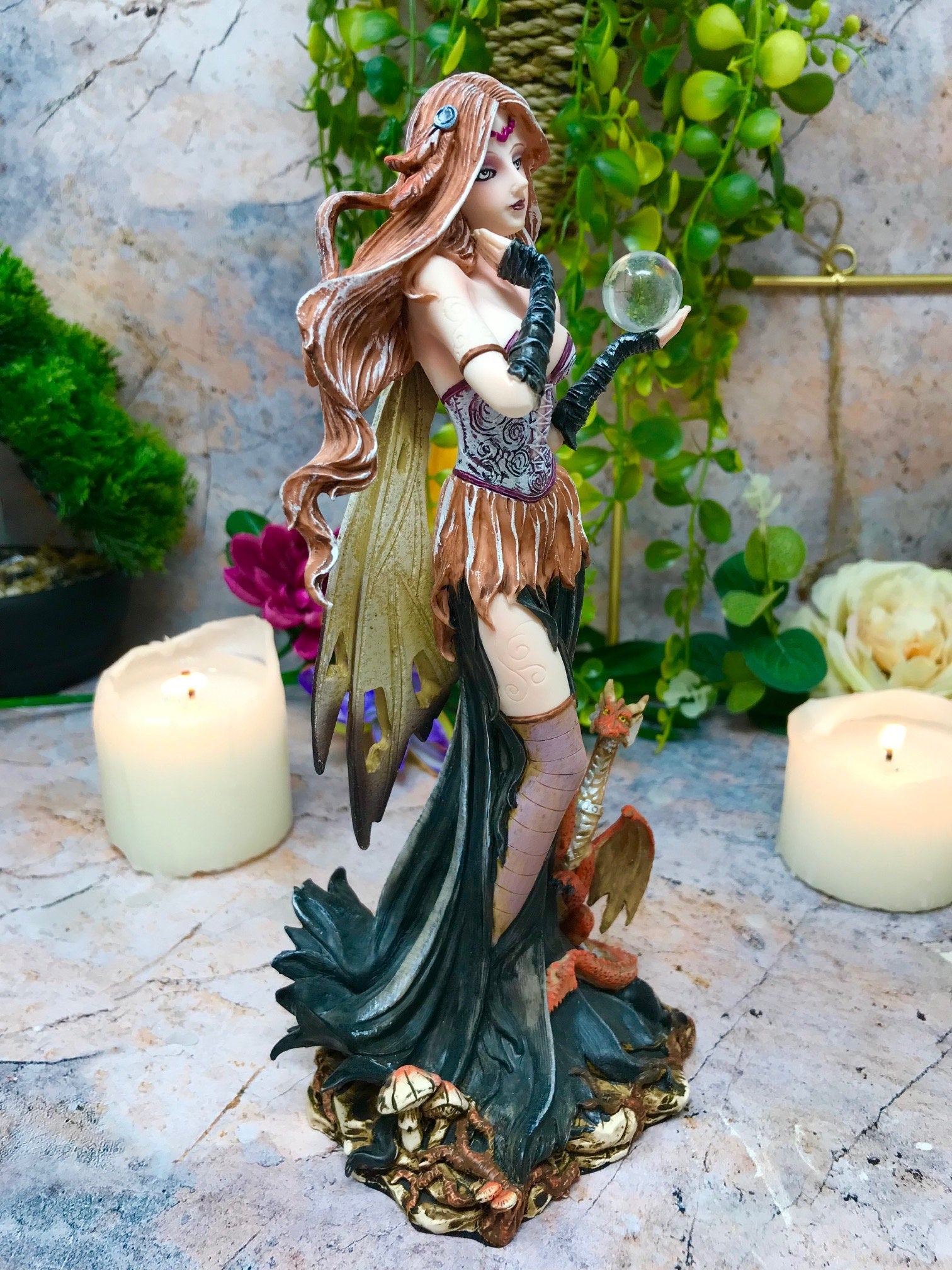 Enchanted Fairy and Dragon Figurine with Crystal Ball, Fantasy Collectible Statue, Mystical Decor Sculpture, Enchantress Home Accent Piece-Osiris Craftworks