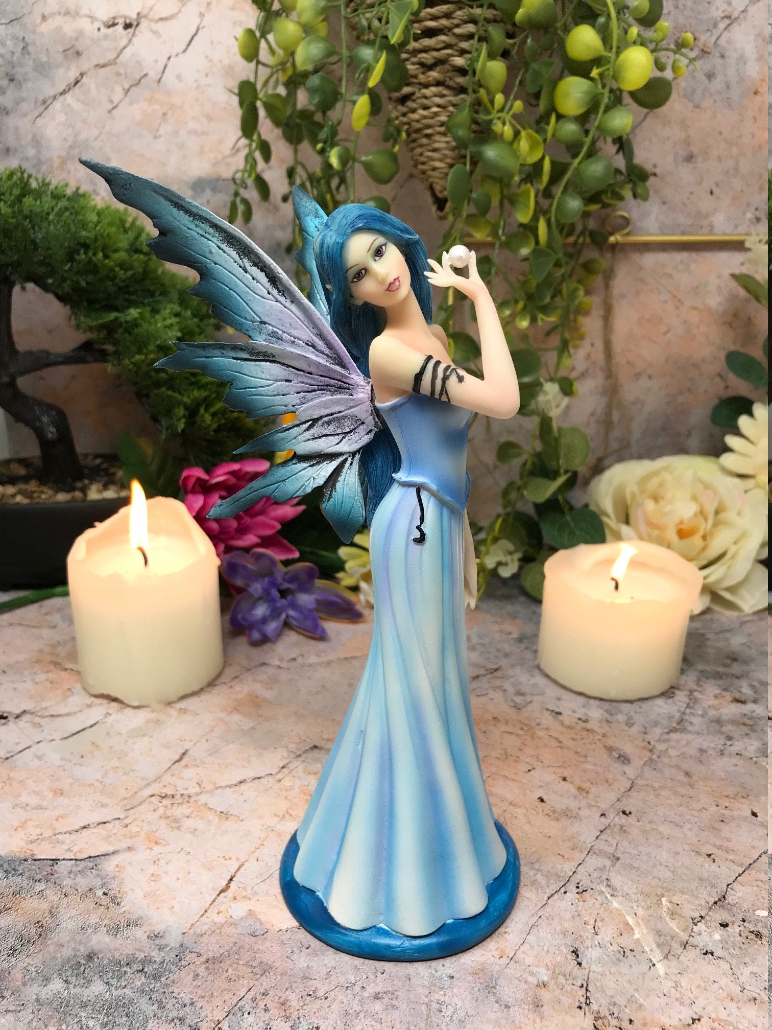 Serene Blue Fairy Holding Pearl Figurine, Mystical Fantasy Statue, Elegant Resin Sculpture, Ethereal Fairies Collection, Enchanted Decor-Osiris Craftworks