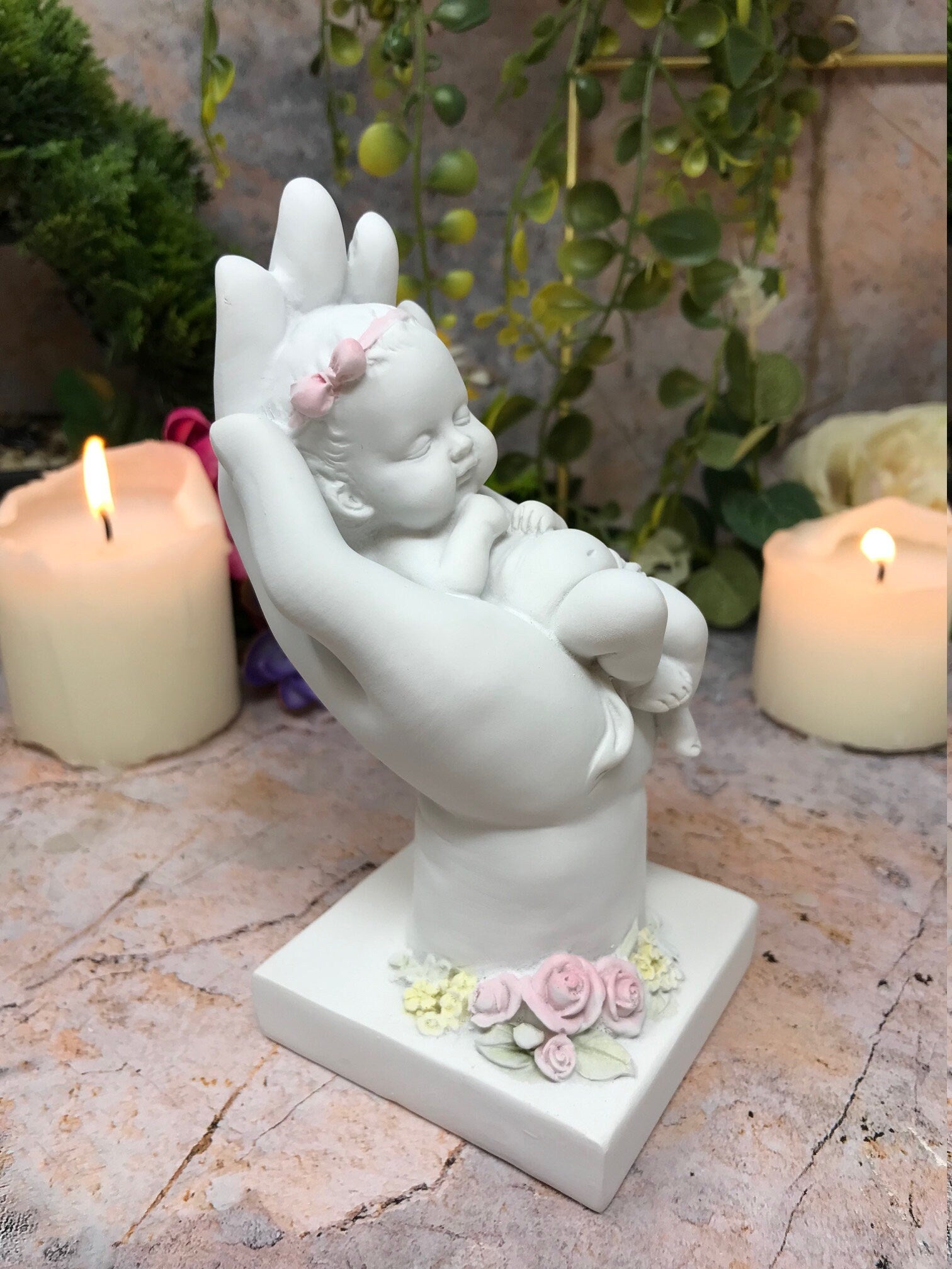 Serene Cherub Slumber in Hand Figurine, Angelic Baby Girl with Pink Roses, Peaceful Nursery Ornament, Angel Statue, Heavenly Child Keepsake-Osiris Craftworks