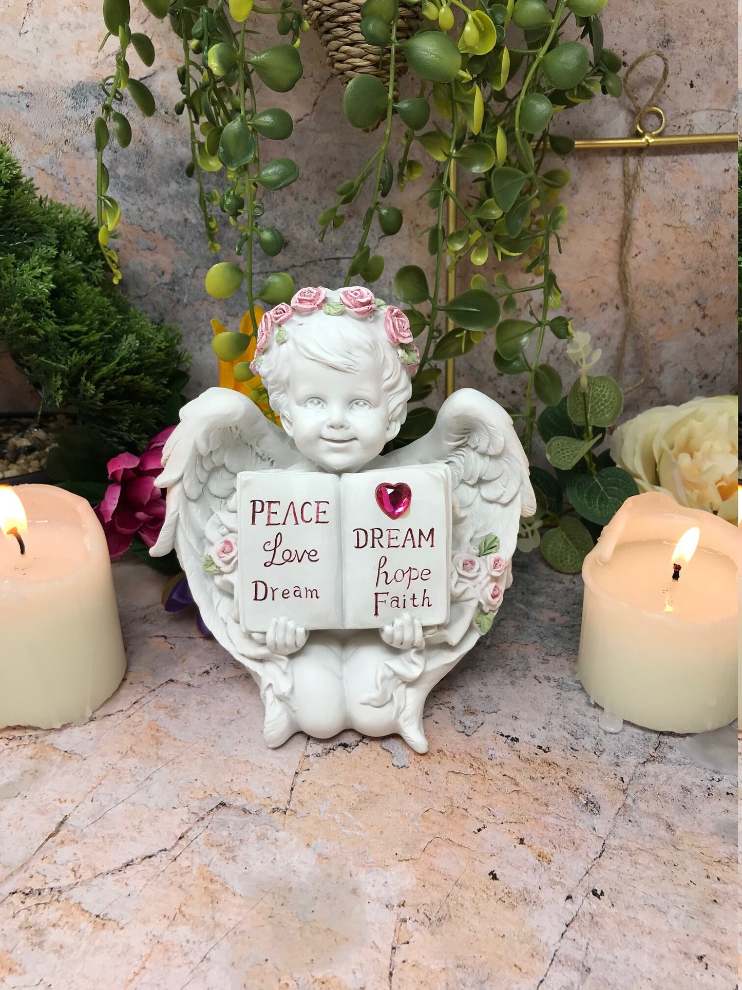 Guardian Angel Holding Book Figurine Cherub Statue Peace Love Dream Figurine-Osiris Craftworks