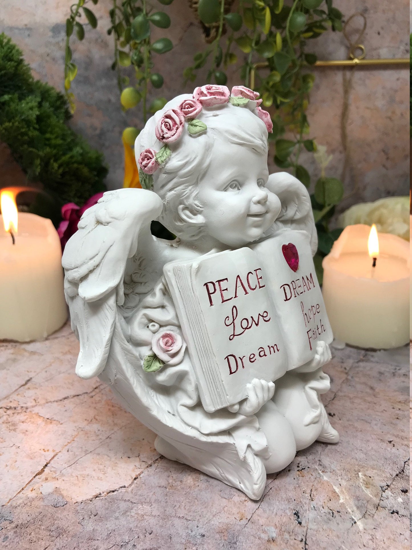 Guardian Angel Holding Book Figurine Cherub Statue Peace Love Dream Figurine-Osiris Craftworks