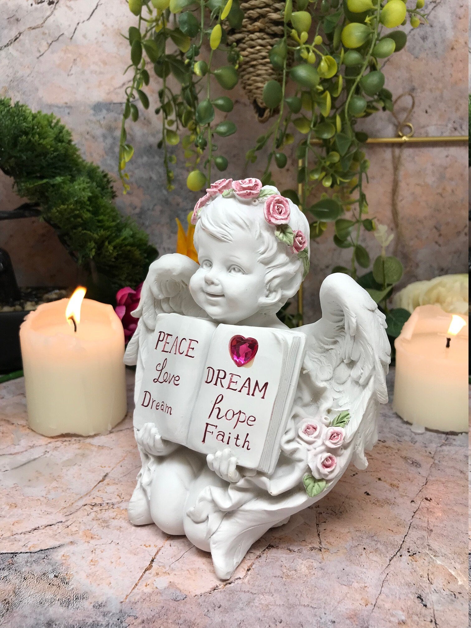 Guardian Angel Holding Book Figurine Cherub Statue Peace Love Dream Figurine-Osiris Craftworks