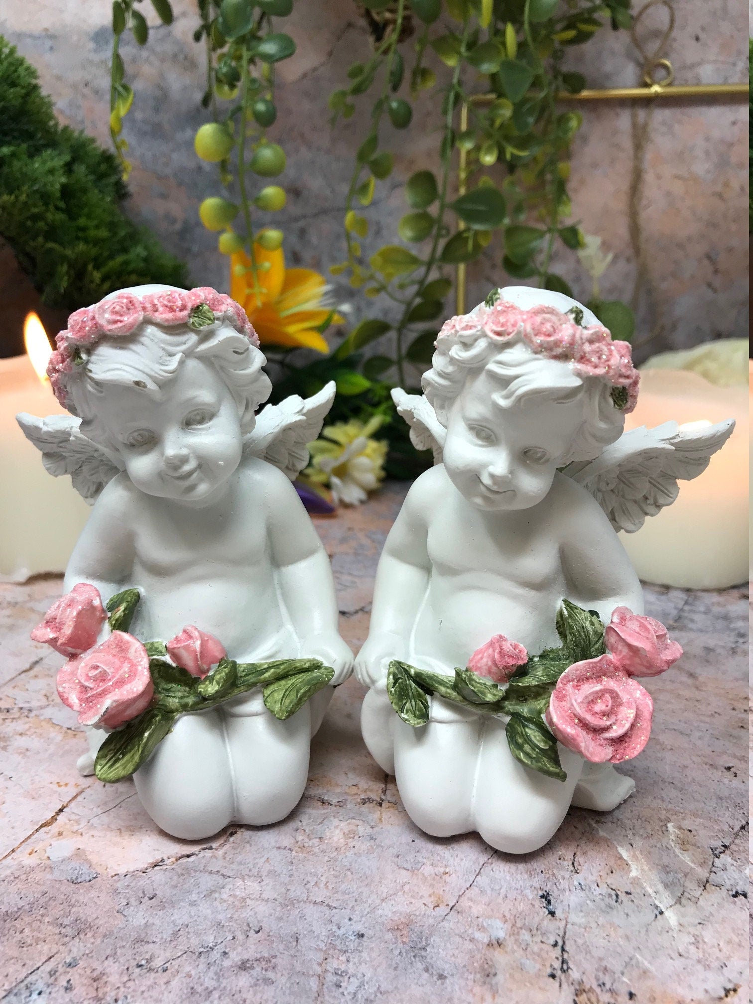 Pair of Guardian Angel Figurine Cherubs with Pink Roses Statue Ornament Sculpture-Osiris Craftworks