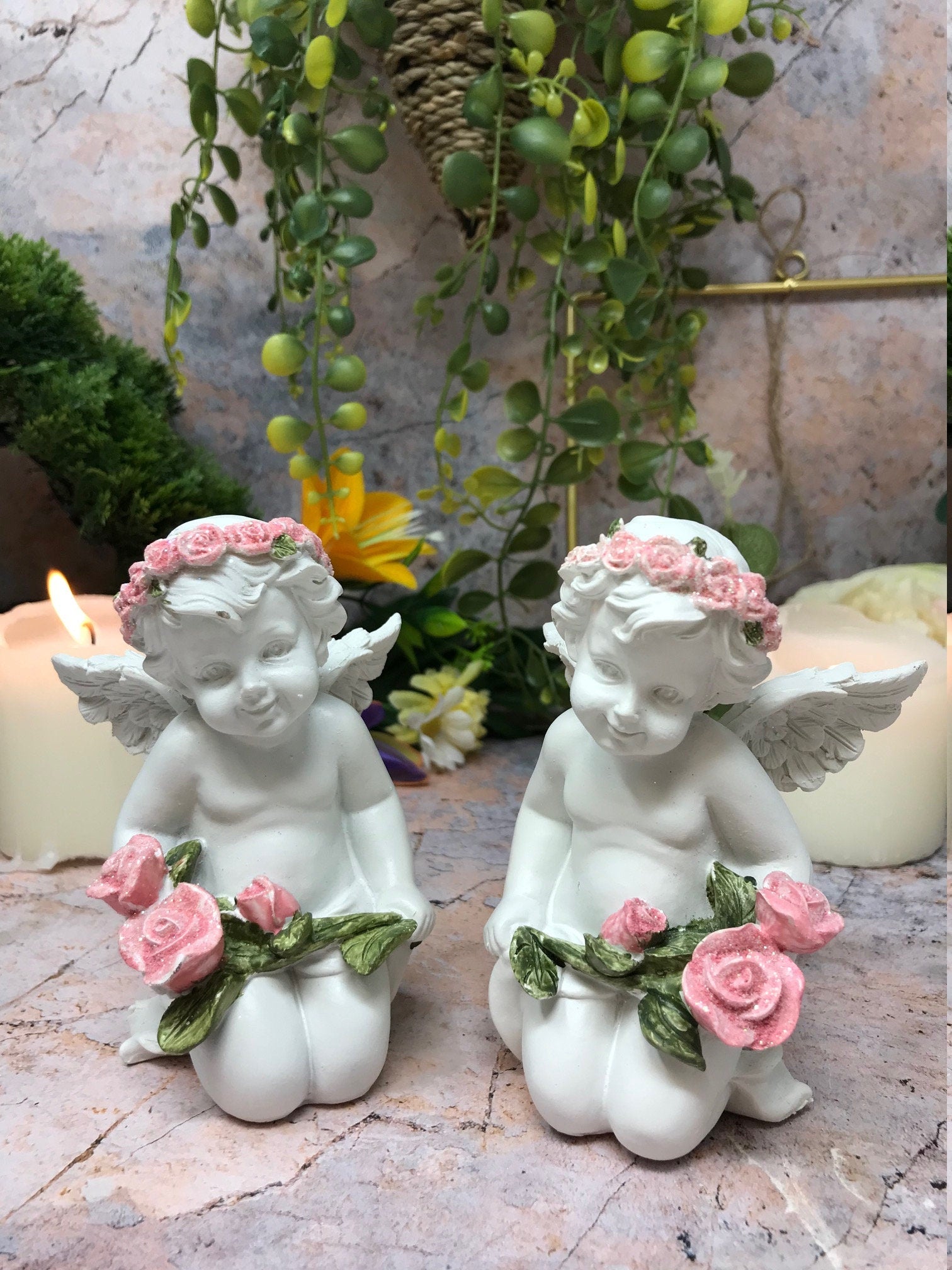 Pair of Guardian Angel Figurine Cherubs with Pink Roses Statue Ornament Sculpture-Osiris Craftworks