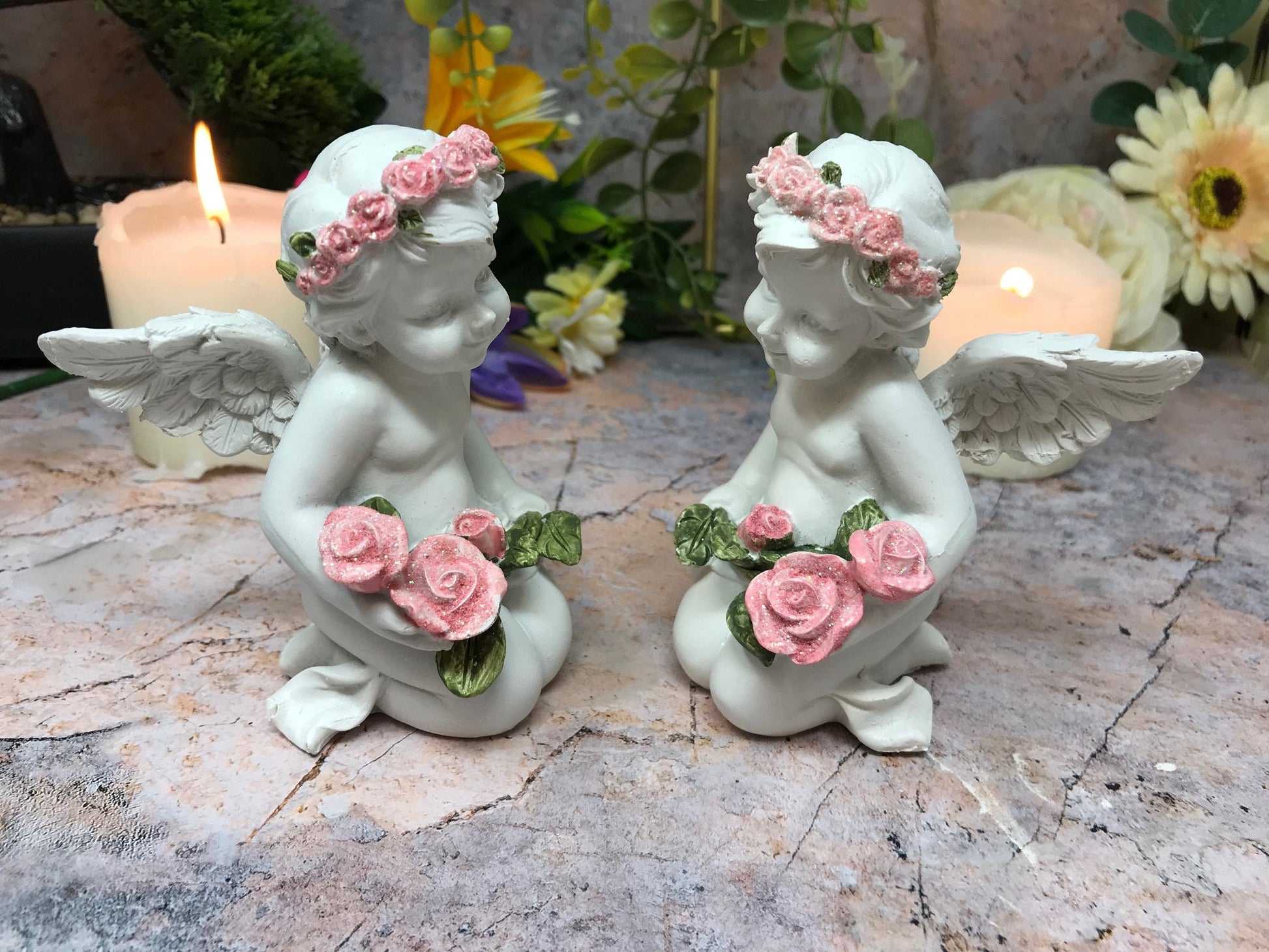 Pair of Guardian Angel Figurine Cherubs with Pink Roses Statue Ornament Sculpture-Osiris Craftworks