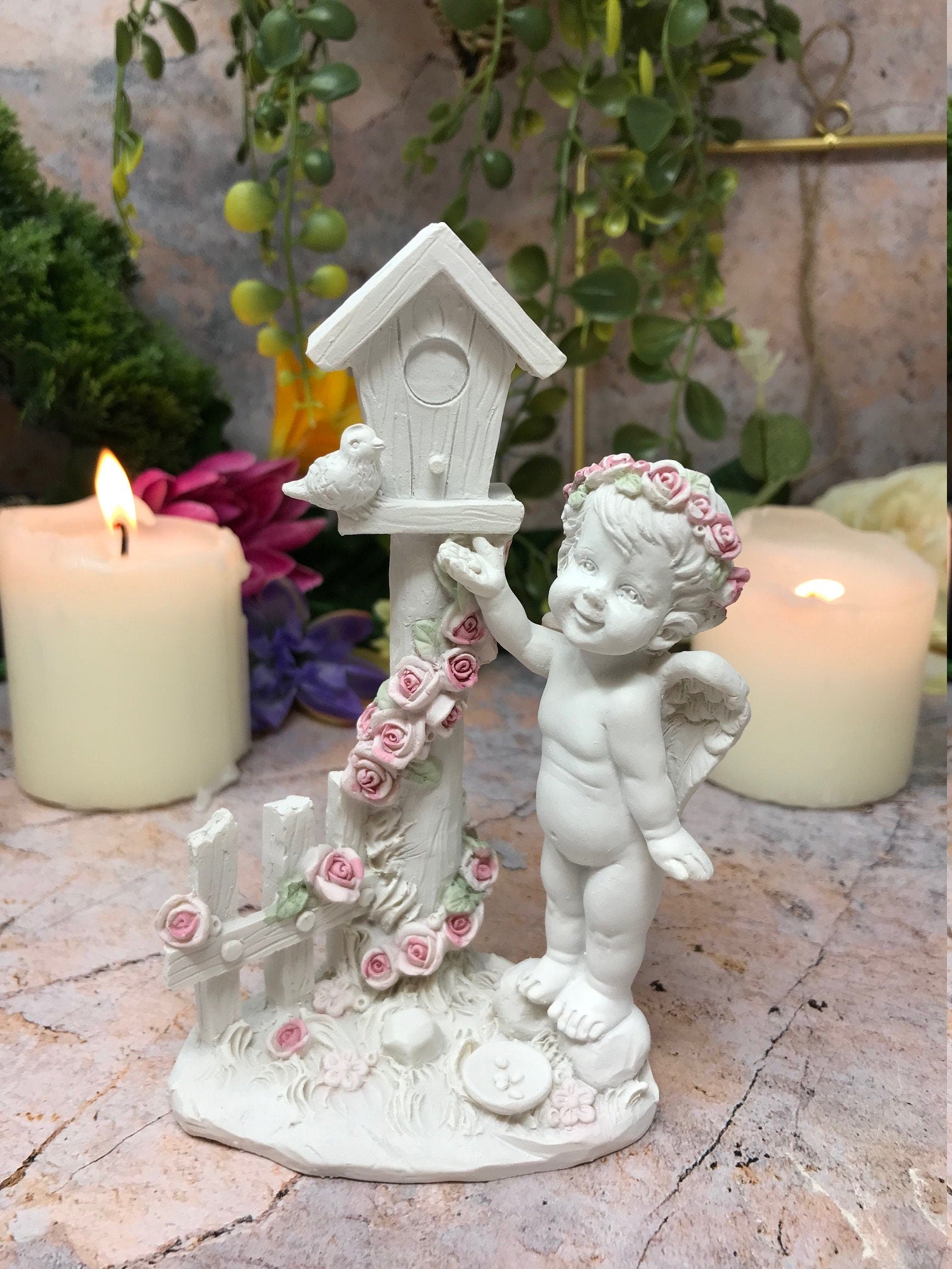 Cherub Angel Statue with Birdhouse, Handcrafted Guardian Angel Figurine, Decorative Home Accent, Unique Spiritual Peaceful Cherub Ornament-Osiris Craftworks