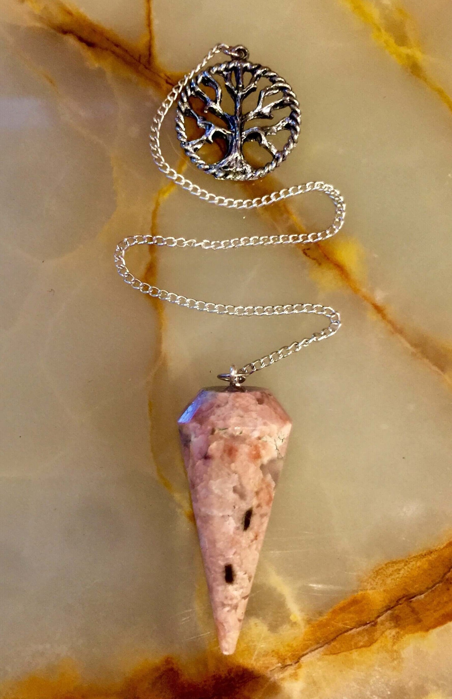 Rhodonite Pendulum Necklace with Tree of Life Charm - Unique Healing Crystal Pendant, 21.5-23.5cm Length, Supplied in Velvet/Organza Pouch