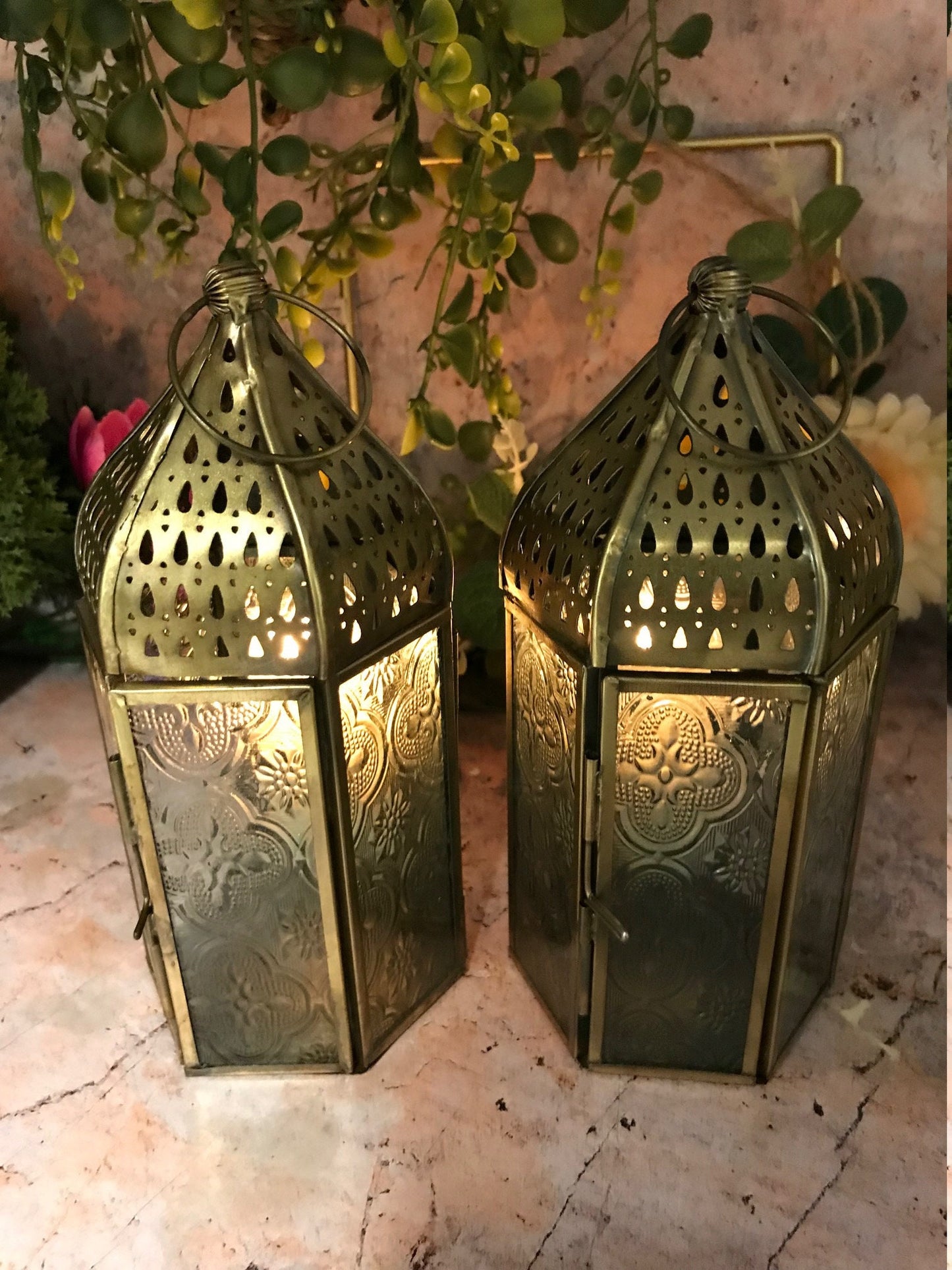 Set of Two Moroccan Style Lanterns Brass Antique Glass Tea Light Candle Holders Home Decoration