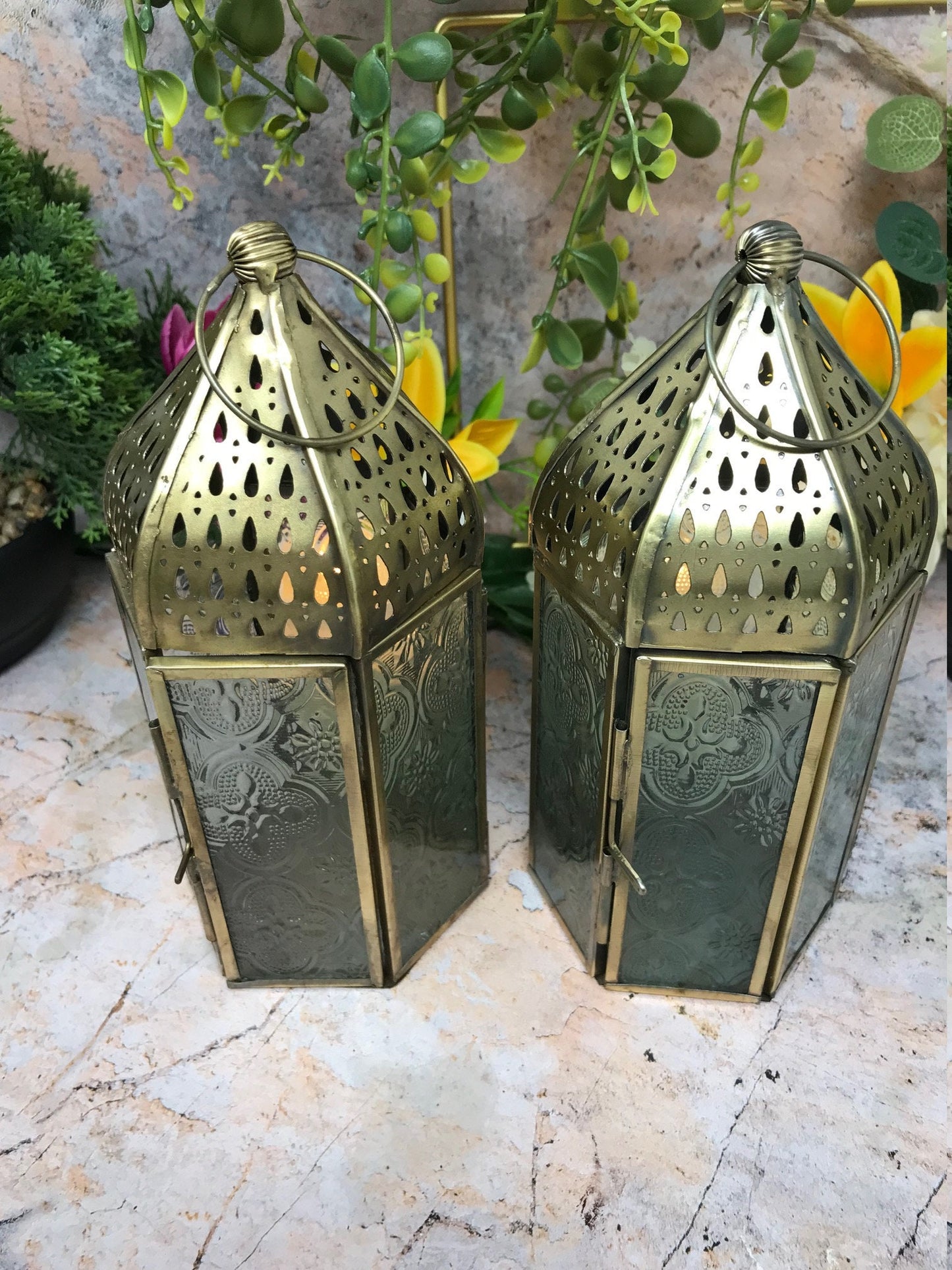 Set of Two Moroccan Style Lanterns Brass Antique Glass Tea Light Candle Holders Home Decoration