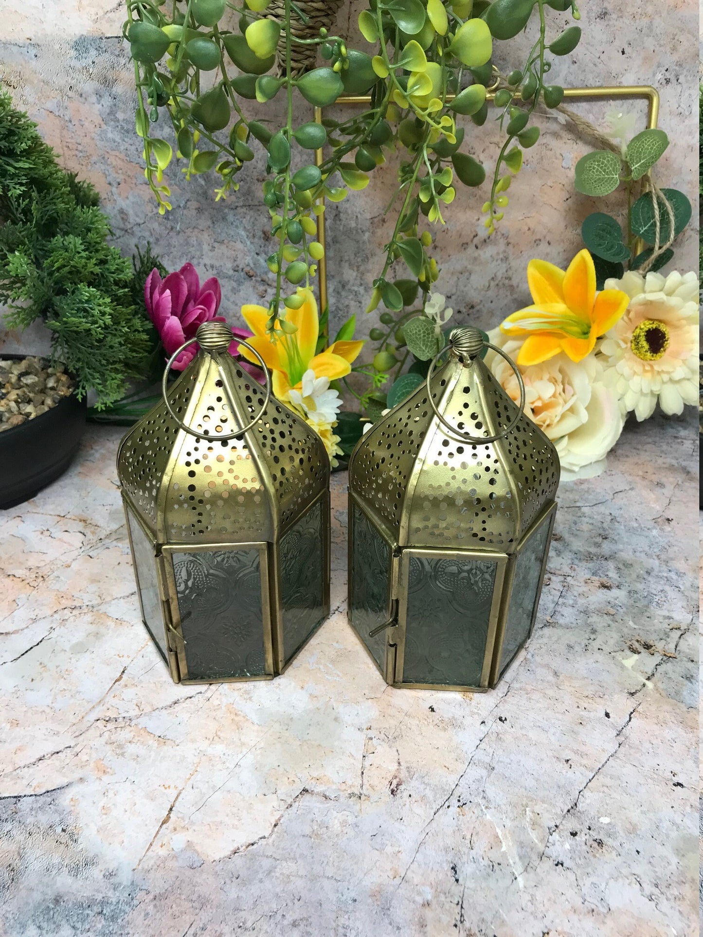 Set of Two Moroccan Style Lanterns Brass Tea Light Candle Holders Ornaments