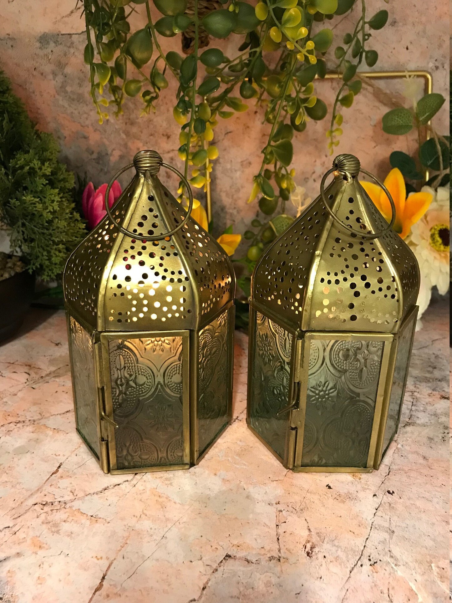 Set of Two Moroccan Style Lanterns Brass Tea Light Candle Holders Ornaments