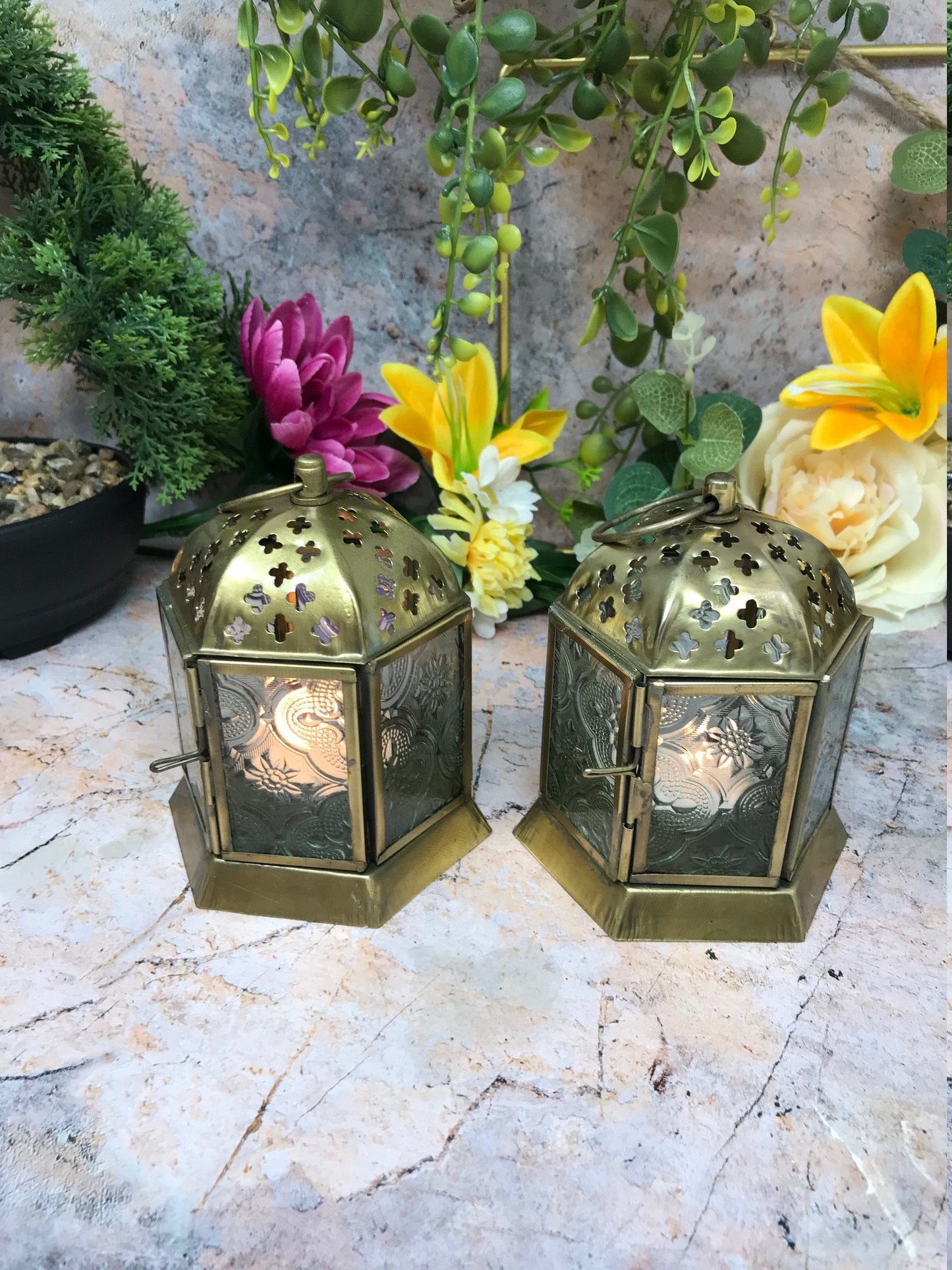 Pair of Moroccan Style Lanterns Brass Antique Tea Light Candle Holders