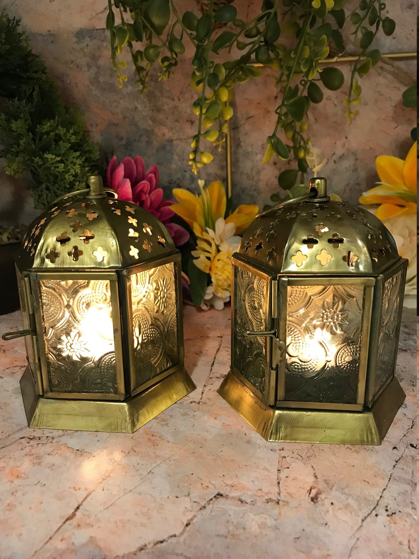 Pair of Moroccan Style Lanterns Brass Antique Tea Light Candle Holders