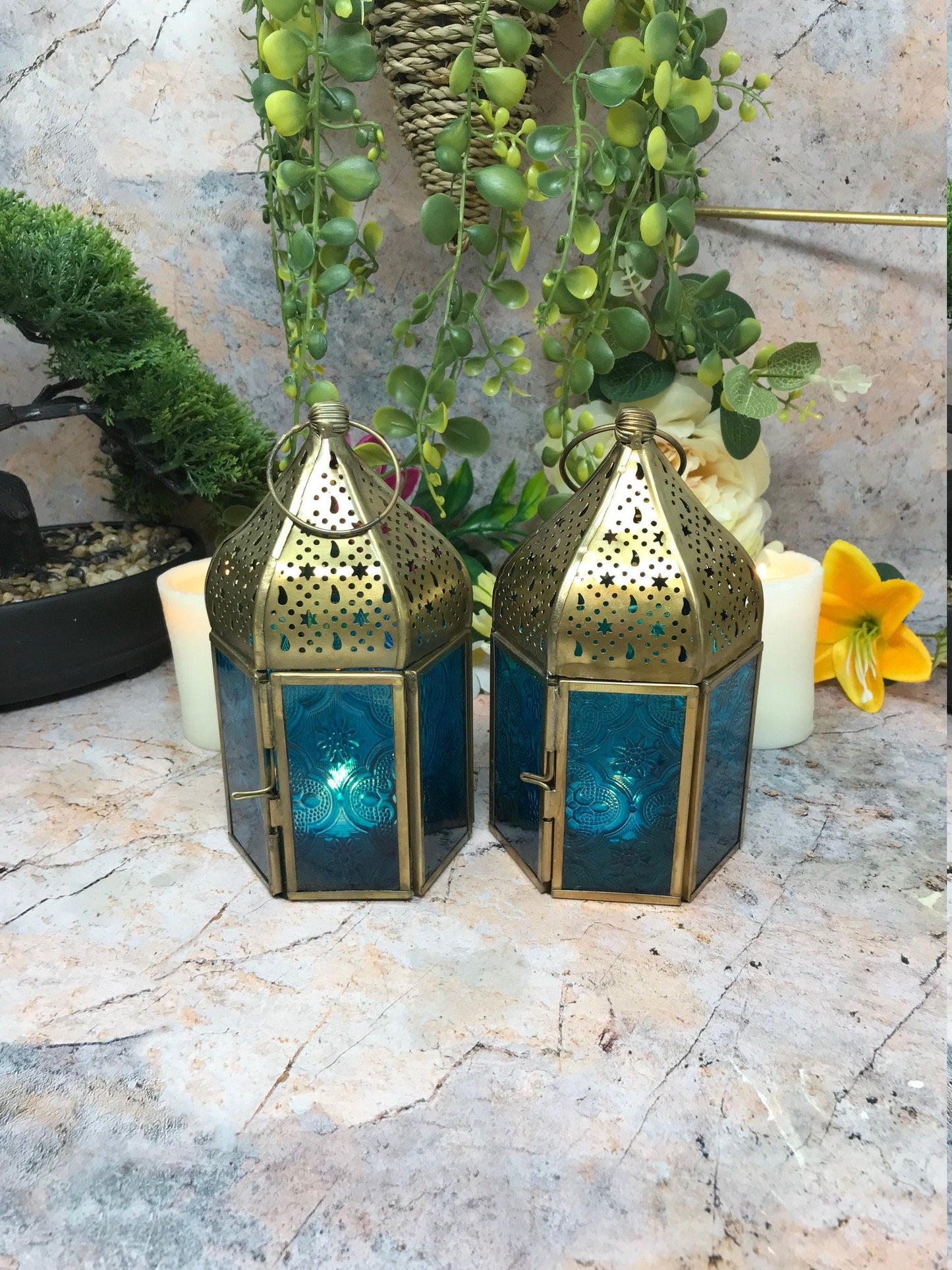 Set of Two Blue Glass Moroccan Style Lanterns Brass Tea Light Candle Holders Ornaments