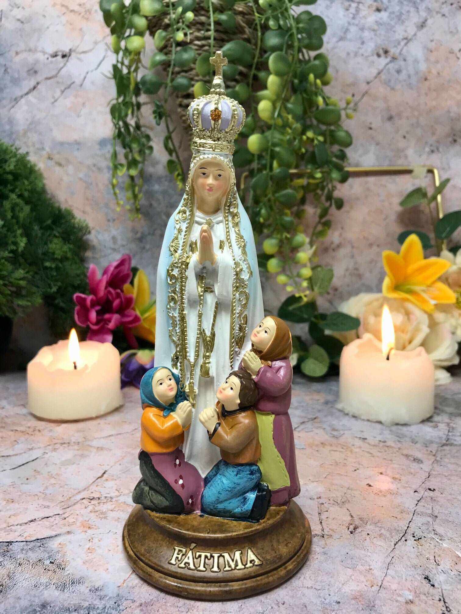 Blessed Virgin Mary Sculpture Our Lady of Fatima with Children Statue Ornament Figurine-Osiris Craftworks