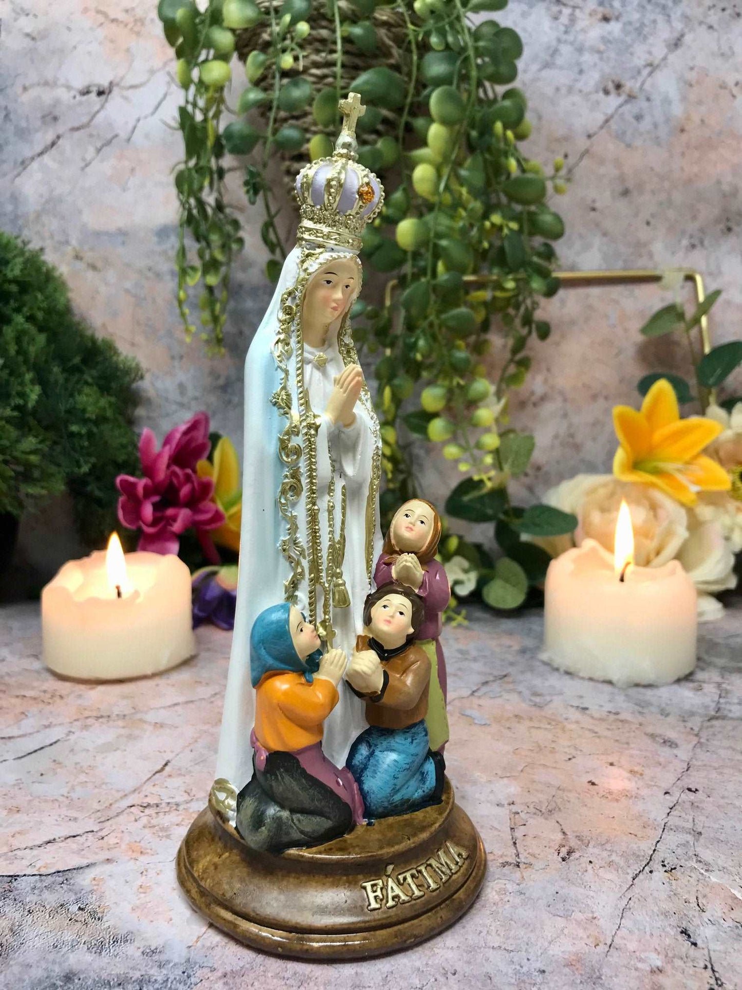 Blessed Virgin Mary Sculpture Our Lady of Fatima with Children Statue Ornament Figurine-Osiris Craftworks